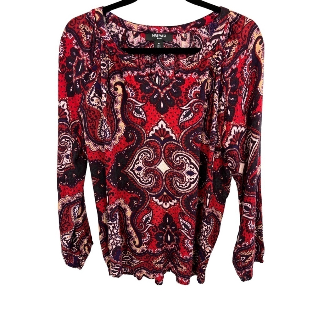 Nine West Jeans Red Paisley Long Sleeve V-Neck Blouse Size Medium